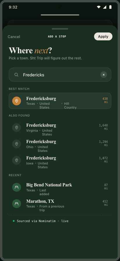 Adding a destination in Sht Trip — searching for the next town to add to the route