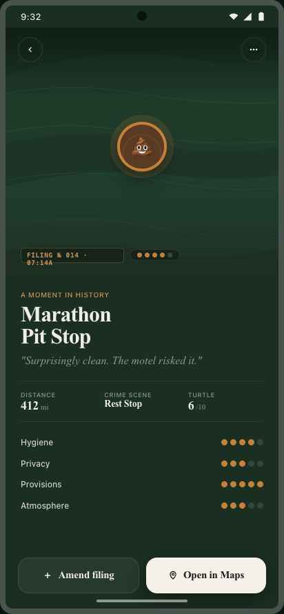 A Sht Trip log entry — Marathon Pit Stop, rated across Hygiene, Privacy, Provisions and Atmosphere