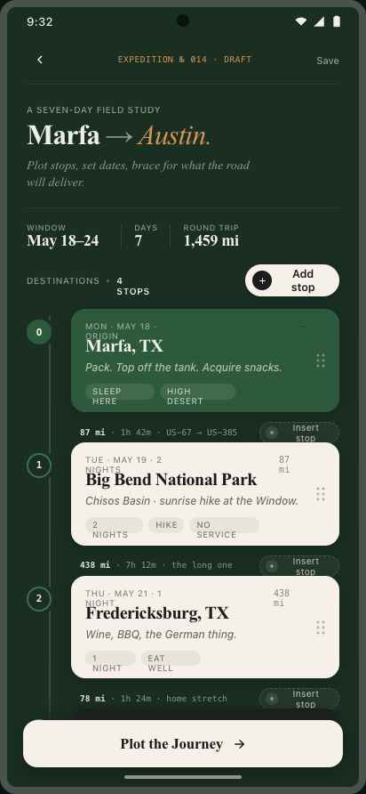 Sht Trip trip planner — a seven-day field study from Marfa to Austin with stops, dates and mileage